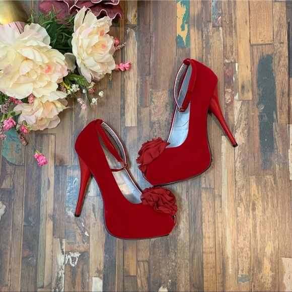 Red Velvet Flower Peep Toe Platform Heels - Picture 4 of 16